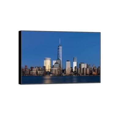 Imagem de MUHJDYC Arte de parede em tela de paisagem urbana - impressões panorâmicas em tela - Edifícios de Nova York - Imagem de moldura preta para decoração de sala de estar 70 x 105 cm - 27 x 41 pol