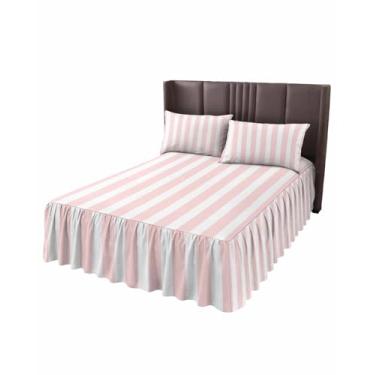 Imagem de Jogo de lençol com saia para cama de solteiro, 45,7 cm com listras rosa e babados e babados na vertical, rosa macio, branco, listrado, vertical, conjunto de lençol com 2 fronhas para quarto de todas