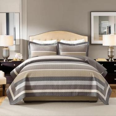 Imagem de QuiltEase Colchas listradas Queen Size - Conjunto de colcha de 3 peças - Conjunto de colcha de fazenda 100% algodão para todas as estações - edredom leve reversível - marrom/bege/pedra da lua/cinza