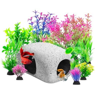 Imagem de CousDUoBe 13 peças de aquário esconderijo caverna rocha decoração de aquário quário, casa de pedras esconderijo Betta brinquedos, enfeites de aquário de cerâmica seguros e não tóxicos (estilo B)
