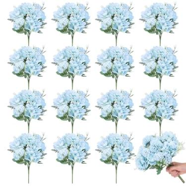 Imagem de 16 pacotes de flores artificiais de peônias azuis buquê de hortênsia falsa rosa seda arranjo de flores azuis artificiais para decoração de mesa de casamento nupcial centro de mesa floral decoração de