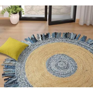 Imagem de GRUHUM Tapete de área de juta, 1,8 m, fibra natural, algodão, jeans, franjas azuis, redondo, feito à mão, boêmio, macio, trançado, rústico, vintage, fazenda, interior, ecológico, cozinha, quarto, sala