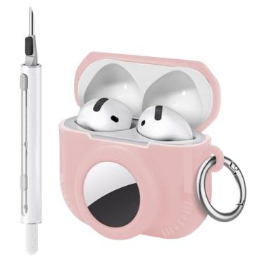 Imagem de Seltureone Compatível com AirPods 4 e AirTag 2 em 1, capa protetora de silicone macio compatível com AirPods 4ª geração com kit de limpeza e mosquetão - rosa