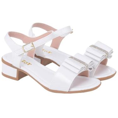Imagem de Sandália Feminina com Tiras Salto Baixo Confortável Laço Glitter Fivelas Douradas (Branca, BR, Criança de 9 a 12 anos, Numérico, 33)