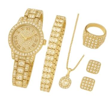 Imagem de Conjunto de Joias Luxuosas com Relógio, Colar, Brincos, Pulseira e Anel, Disponível em Dourado ou Prateado, 5 Peças (Dourado)