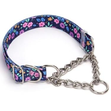 Imagem de Coleira gargantilha martingale para cães, sem puxão, corrente antiderrapante, para treinamento, à prova de fuga, para cães extragrande, médios, grandes, fêmeas, meninas, cães, roxo, floral, G