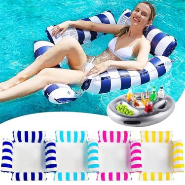 Imagem de MASNDR Pacote com 4 boias infláveis para piscina com espreguiçadeira de malha, cadeiras de piscina e bar inflável para servir – Jangada flutuante listrada dobrável para adultos, brinquedos de piscina