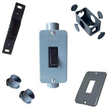 Imagem de KIT Interruptor Simples Preto + Condulete Sobrepor 4/2pol + Placa + Adaptadores 1/2pol (Cinza)