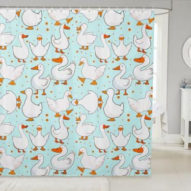 Imagem de Homewish Cortinas de chuveiro de ganso de desenho animado, adorável pato engraçado esboço azul, linda cortina de tecido impermeável de animais de fazenda com ganchos, decoração de banheiro, 182 cm L x