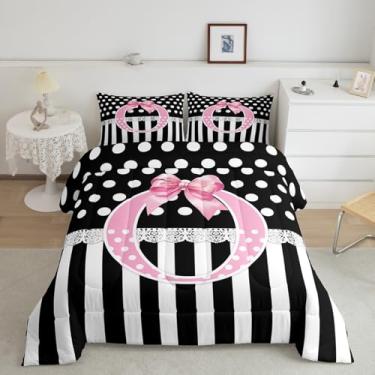 Imagem de jejeloiu Conjunto de edredom com laço rosa, tamanho solteiro, letra O, para meninos e meninas, com pontos brancos, monograma, estilo princesa romântica, iniciais O, decoração, 2 peças com 1 fronha