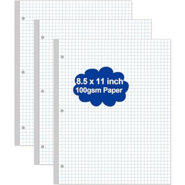 Imagem de (Pacote com 3) Papel quadriculado A4 – Papel milimetrado de 3 furos, tamanho carta 300 folhas/600 páginas, papel branco de 100 g/m², 21 x 28 cm
