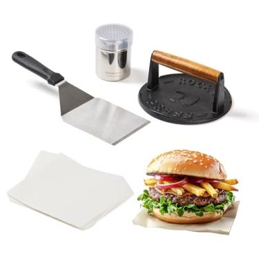 Imagem de ROCKSHEAT Kit de prensa de hambúrguer de 4 peças, prensa de bacon redonda de ferro fundido de 18 cm, espátula, coqueteleira de tempero e papéis, conjunto de prensa de grelha de grau alimentício para
