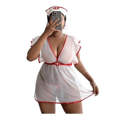 Imagem de WDIRARA Conjunto de lingerie feminina plus size, 3 peças, conjunto de lingerie de malha transparente para cosplay impertinente, Branco, vermelho, 5X-Large Plus