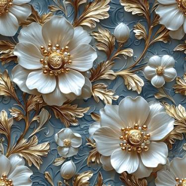 Imagem de Livelynine Papel de parede 3D falso de 44,5 x 701 cm para quarto azul branco e dourado vintage 3D papel de parede de teto floral para cozinha painéis de parede autoadesivos papel de contato amigável