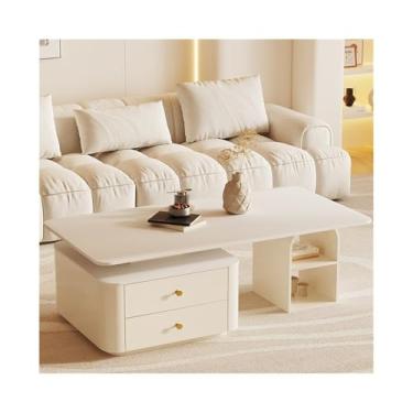 Imagem de Mesa de chá moderna de luxo retangular mesa de centro para sala de estar, pequeno espaço, creme, mesa de pedra estética para mesa de chão de casa (130 cm)