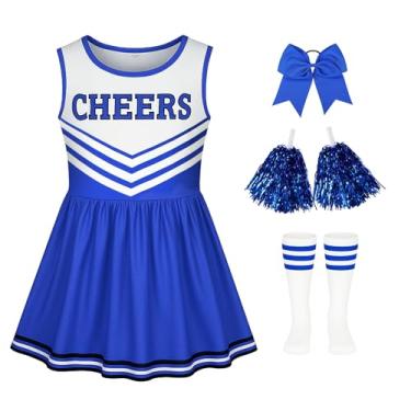 Imagem de LiuSuper Fantasia de líder de torcida para meninas, laço, pompons e meias, roupa infantil de líder de torcida para o dia das bruxas, Azul, 9-10 Anos