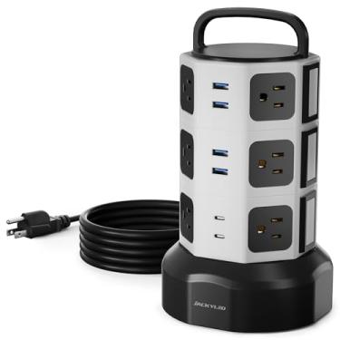 Imagem de 3 m Power Strip Tower JACKYLED Surge Protector Electric Charging station com 13A 10 AC 4 portas USB Cabo de extensão resistente para escritório em casa, computador, laptop, branco, preto