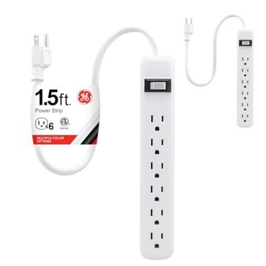 Imagem de GE 6 tomadas Power Strip, pacote com 2, cabo de extensão de 6 m, plugue resistente, aterrado, disjuntor de circuito integrado, 3 pinos, suporte de parede, listado pela UL, branco, 14833