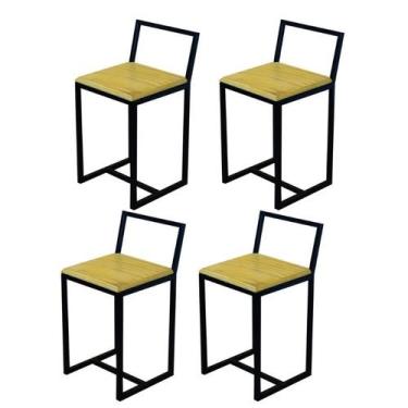 Imagem de Jogo 4 Banqueta Baixa Para Cozinha Madeira Natural Industrial Preta - 