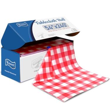 Imagem de Vrisssot Toalha de mesa de plástico descartável vermelha quadriculada: 137 x 73 m, toalha de mesa vermelha guingão com cortador deslizante fácil para piquenique, festas, festivais