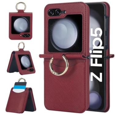 Imagem de Capa de telefone com anel de couro de grão cruzado para Samsung Galaxy Z Flip 6 5 4 3 Flip5 Flip4 Flip6 Carteira com capa de suporte de cartão, vinho tinto, para Galaxy Z Flip4