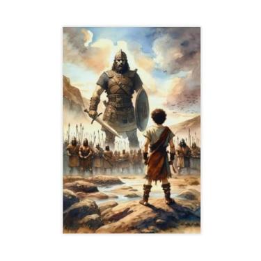 Imagem de Pintura de David e Golias em aquarela texturizada, pôster impresso, versículo das escrituras, arte de parede, decoração de casa, presentes bíblicos, pintura original do rei Davi, pinturas em tela Mão