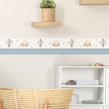 Imagem de Adesivo Parede Infantil Ursinho 03 Azul Balão Estrelas Nuvem Faixa Decorativa para Quarto Bebê Menino