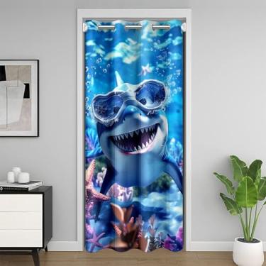 Imagem de Cortina de porta de tubarão com desenho animado fofo 3D animal oceano cortina blackout para meninas meninos crianças colorido estrela do mar coral cortina de armário azul tubarão peixe privacidade