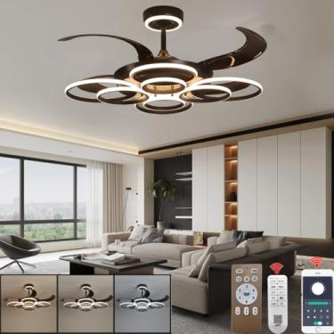 Imagem de inrichifeir Ventilador de teto retrátil de 122 cm com luzes lustre moderno com ventilador remoto sem lâminas luz de teto para quarto sala de estar 6 velocidades preto (122 cm)