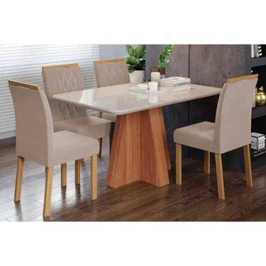 Imagem de Conjunto: Mesa de Cozinha Maitê Tampo Madeirado c/ Vidro 130x80cm e 4 Cadeiras Juliana Cinamomo/Off White - Carvalho/Linho Bege - Cimol
