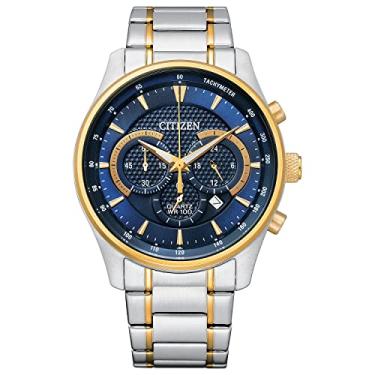 Imagem de Citizen Relógio social masculino de quartzo com aço inoxidável, Mostrador em dois tons dourado/azul, Vestido