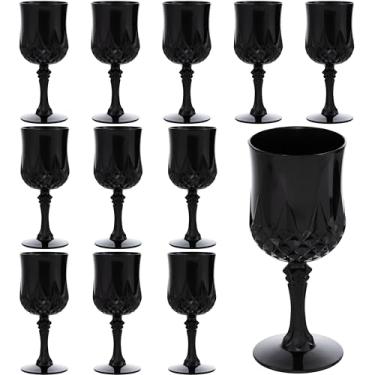 Imagem de JLYLOL Taças de vinho vintage de plástico de 200 ml, taças de plástico vintage, 12 peças, copos de água retrô para casamento, copos reutilizáveis para festa, recepção, celebração, bar, uísque (preto)
