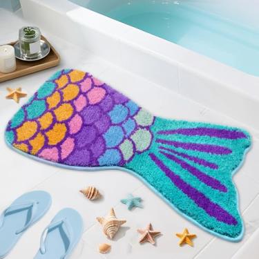 Imagem de NIGOWAYS Tapetes de banheiro – Tapetes de banho em forma de sereia, tapete de borracha macia absorvente, tapetes de banho laváveis à máquina para banheiro, banheira e chuveiro, roxo verde (86 x 40 cm)