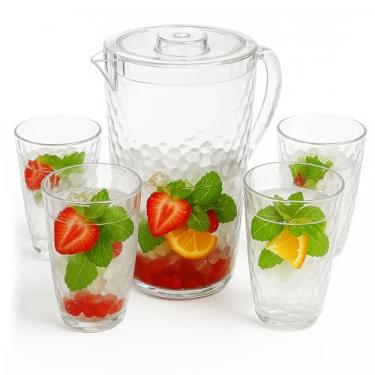 Imagem de Conjunto de jarra de água de plástico de 2,4 litros com tampa e 4 copos, livre de BPA, jarro inquebrável de 2,4 L, lavável na lava-louças, ideal para chá gelado, sangria, limonada, suco, leite