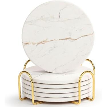 Imagem de Ehigta Conjunto de 6 porta-copos para bebidas, pedra absorvente com suporte, porta-copos de cerâmica estilo mármore preto para proteção de mesa, decoração de mesa de centro