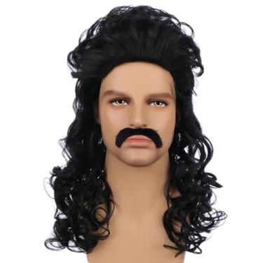 Imagem de WAVELNM Peruca preta com bigode perucas onduladas longas encaracoladas pretas para festa de Halloween cosplay peruca masculina