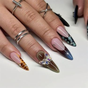 Imagem de RTKHFZE Unhas postiças de estileto, colagem longa nas unhas com strass e design de borboleta, unhas postiças multicoloridas, unhas postiças para festas e festas