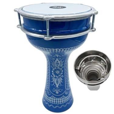 Imagem de ZAZA Percussion Darbuka de alumínio de 40 cm de comprimento, cabeça sintética sintonizável de 20 cm e jingles internos Doumbek (gravação azul)