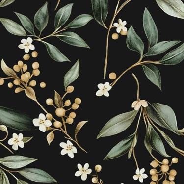 Imagem de VOLEAAR Papel de parede floral preto e verde, 44,5 cm x 500,4 cm vintage folha verde escura papel de contato autoadesivo botânico para banheiro quarto cozinha armário gaveta vinil papel de parede