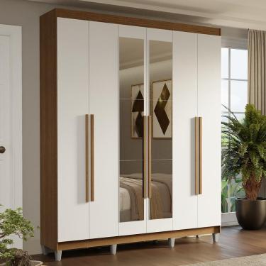 Imagem de Guarda-Roupa Casal com Pés 6 Portas Batentes com Espelho Rustic/Branco/Rustic Saturno M...