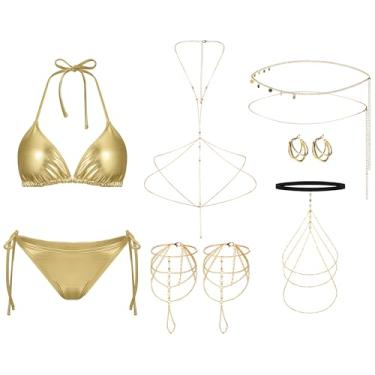 Imagem de Yearntown 9 peças de biquíni feminino dourado metálico com correntes corporais, corrente de cintura, perna, brinco, joia de mão, roupa de banho, Dourado, M