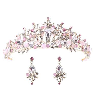 Imagem de Tiara dourada de casamento coroa de noiva BELLA VOGUE princesa contas rosa tiara mulher meninas festa cabeça com brincos, One Size, Strass Cristal Strass