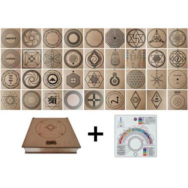 Imagem de Kit Caixa + 36 Gráficos Radiestesia MDF Cru 20x20cm 3mm + Relógio Pran