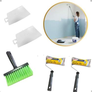Imagem de Kit Pintura Rolo Broxa Espátula Completo 5 Pçs Antirespingo Casa Pared