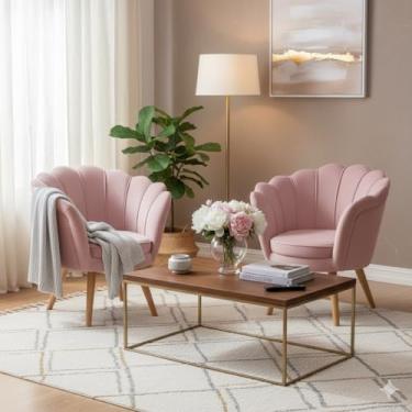 Imagem de Conjunto 2 Poltronas Pétala Rosa Flor Decorativa Pés Palito Estilo Sofisticado para Recepção