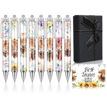 Imagem de Sayglossy 8 canetas esferográficas Highland Cow retráteis de tinta preta com desenho animado de vaca Highland com caixa de presente preta e cartão comemorativo para mulheres, homens, professores,