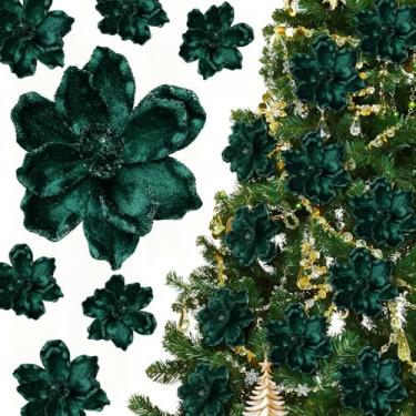 Imagem de Yuxung 20 peças de enfeites de flores de magnólia de poinsétia com purpurina, cabeças grandes, flores artificiais de magnólia para árvore de Natal, guirlanda de Natal, decoração de casamento (verde)