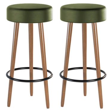 Imagem de Kit 02 Banquetas Cozinha Londres Estofada D-33 com Pés de Madeira Couríssimo Verde - Desk Design