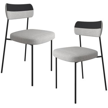 Imagem de Kit 2 Cadeiras Decorativas Estofada Sala Jantar Melina F01 Linho Cinza Couríssimo Preto - Lyam Decor