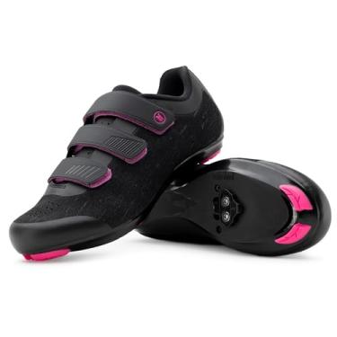 Imagem de Tommaso Pista Knit Tênis feminino de ciclismo e conjunto de chuteiras, sapatos prontos para ciclismo interno com presilha compatível, Look Delta, SPD - preto, rosa, cinza, azul, Tiras preto/rosa -